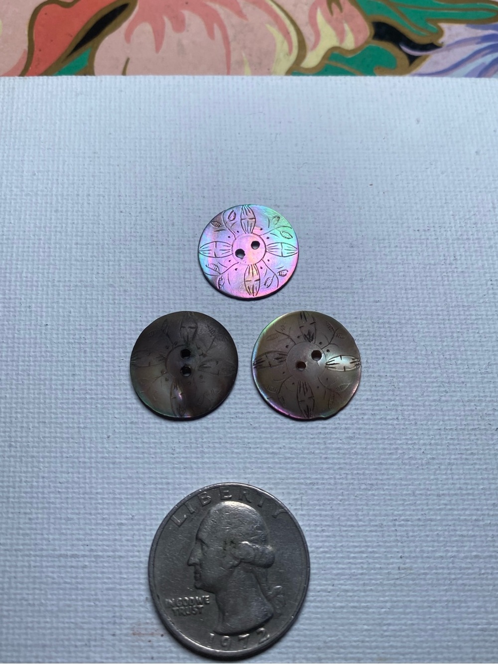 Antique Iridescent Floral Carved Buttons - Set of 3